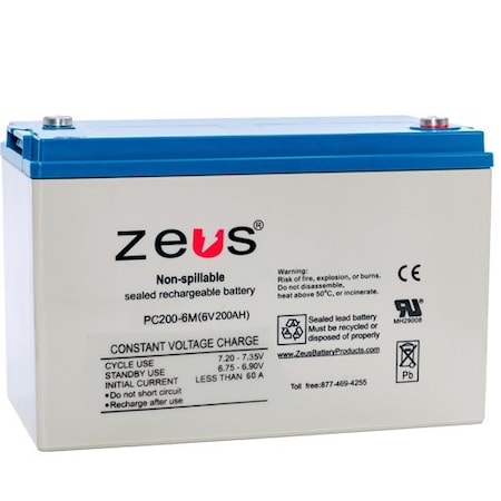 Zeus Battery Products 200Ah 6V M6 Sealed Lead Acid Battery PC200-6M